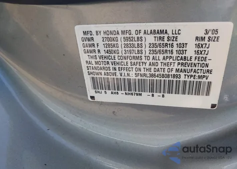 2005 Honda Odyssey Ex-L from USA, damaged, VIN 5FNRL38645B081893